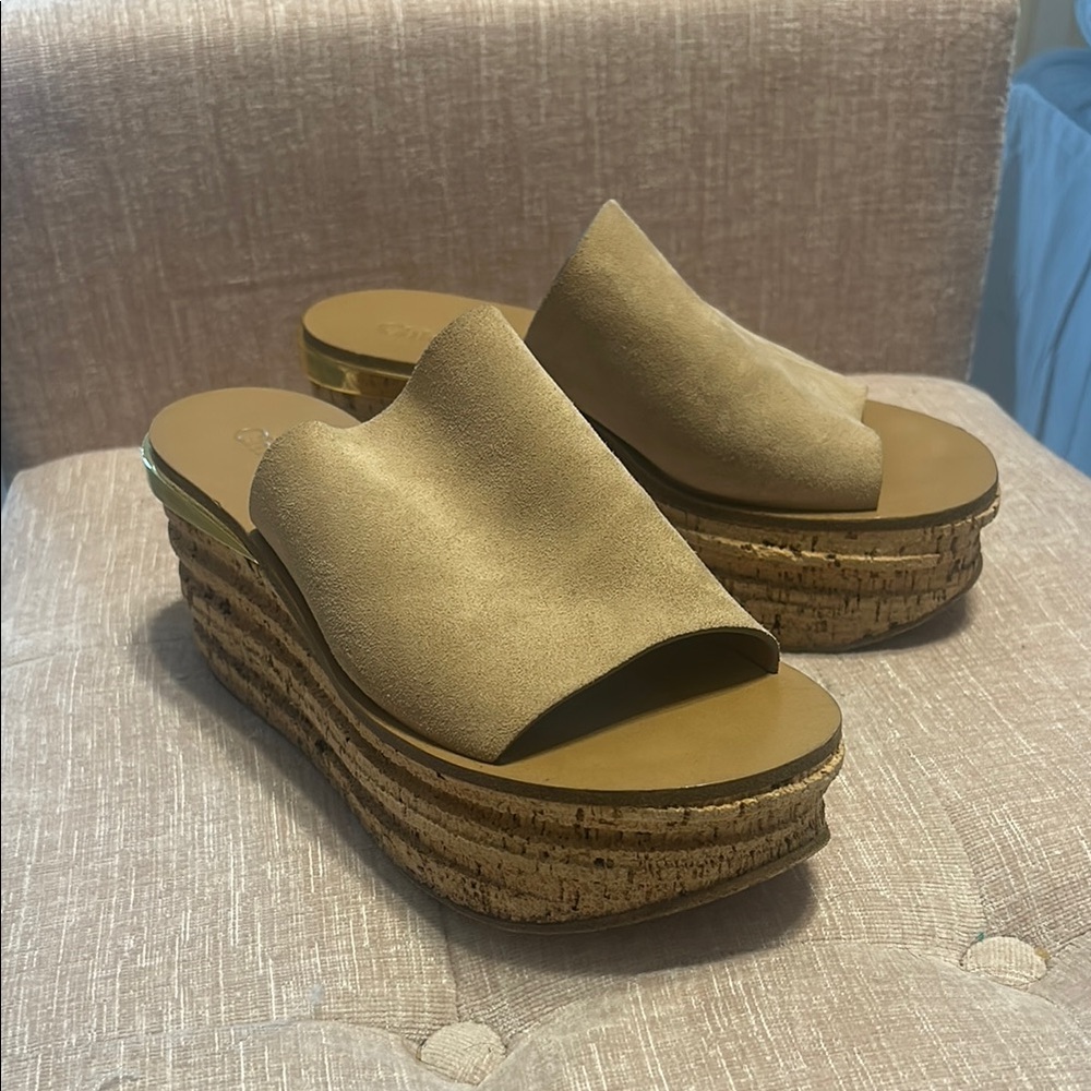 Chloe Camille tan mules slides platforms